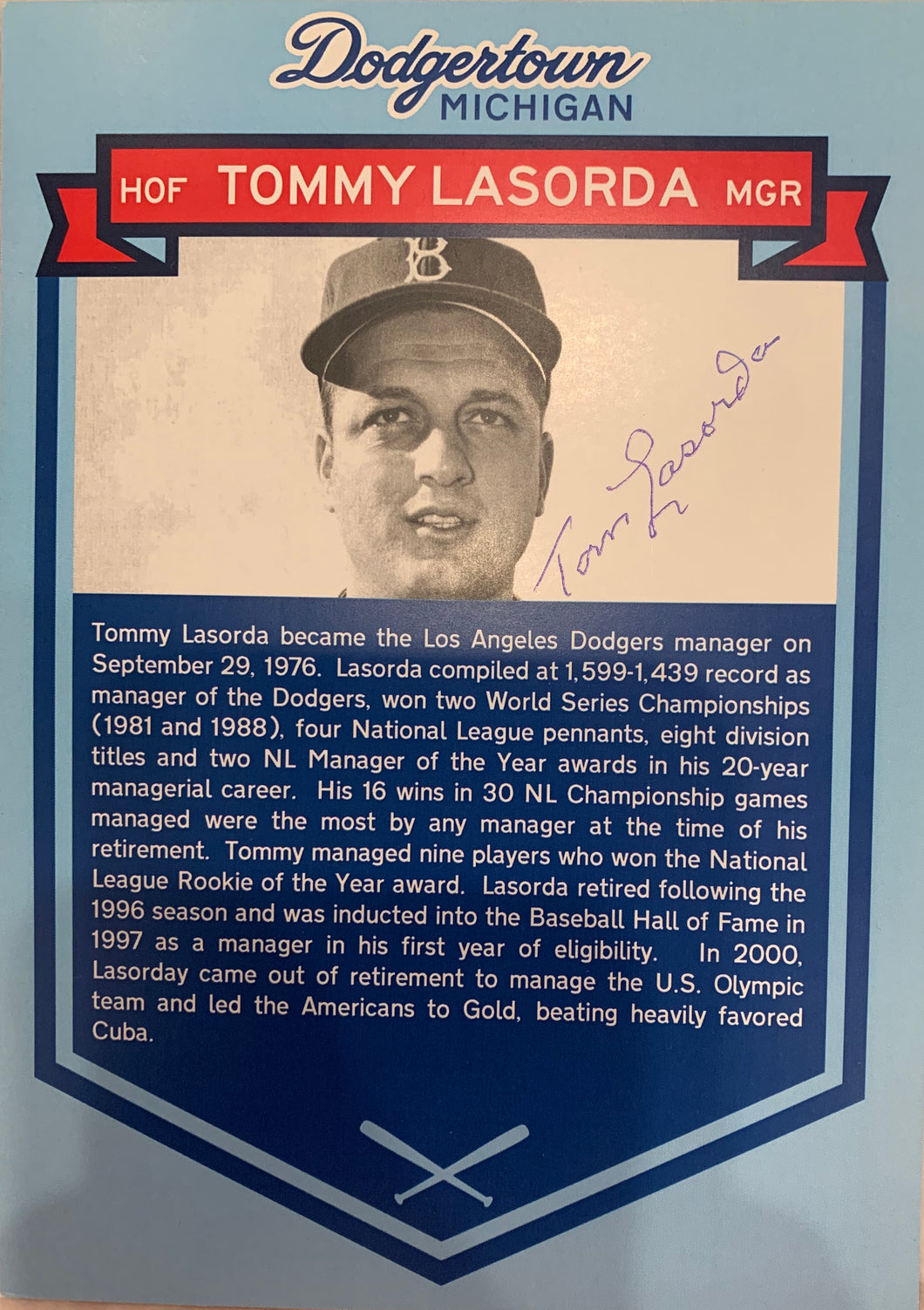 Tommy Lasorda Autographed Dodgertown Card